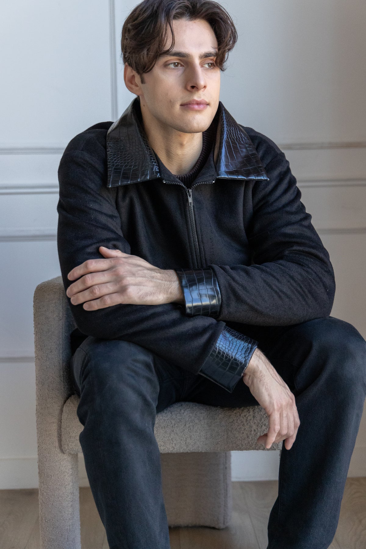 Black Leather Pocket Casual Jacket for Men