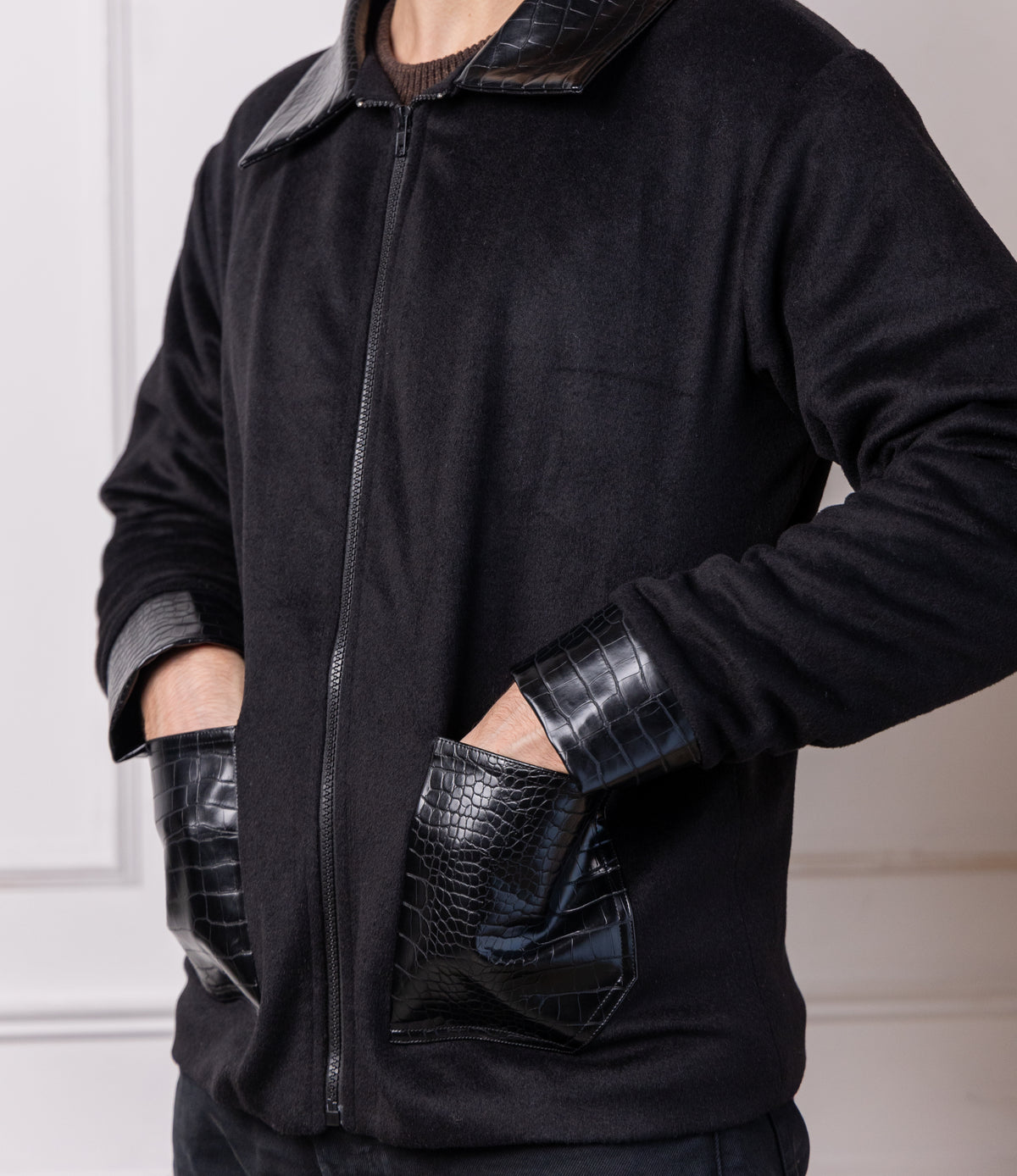 Black Leather Pocket Casual Jacket for Men