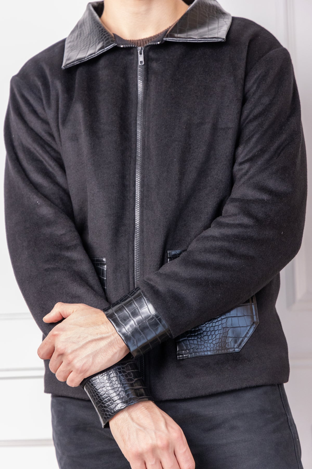Black Leather Pocket Casual Jacket for Men
