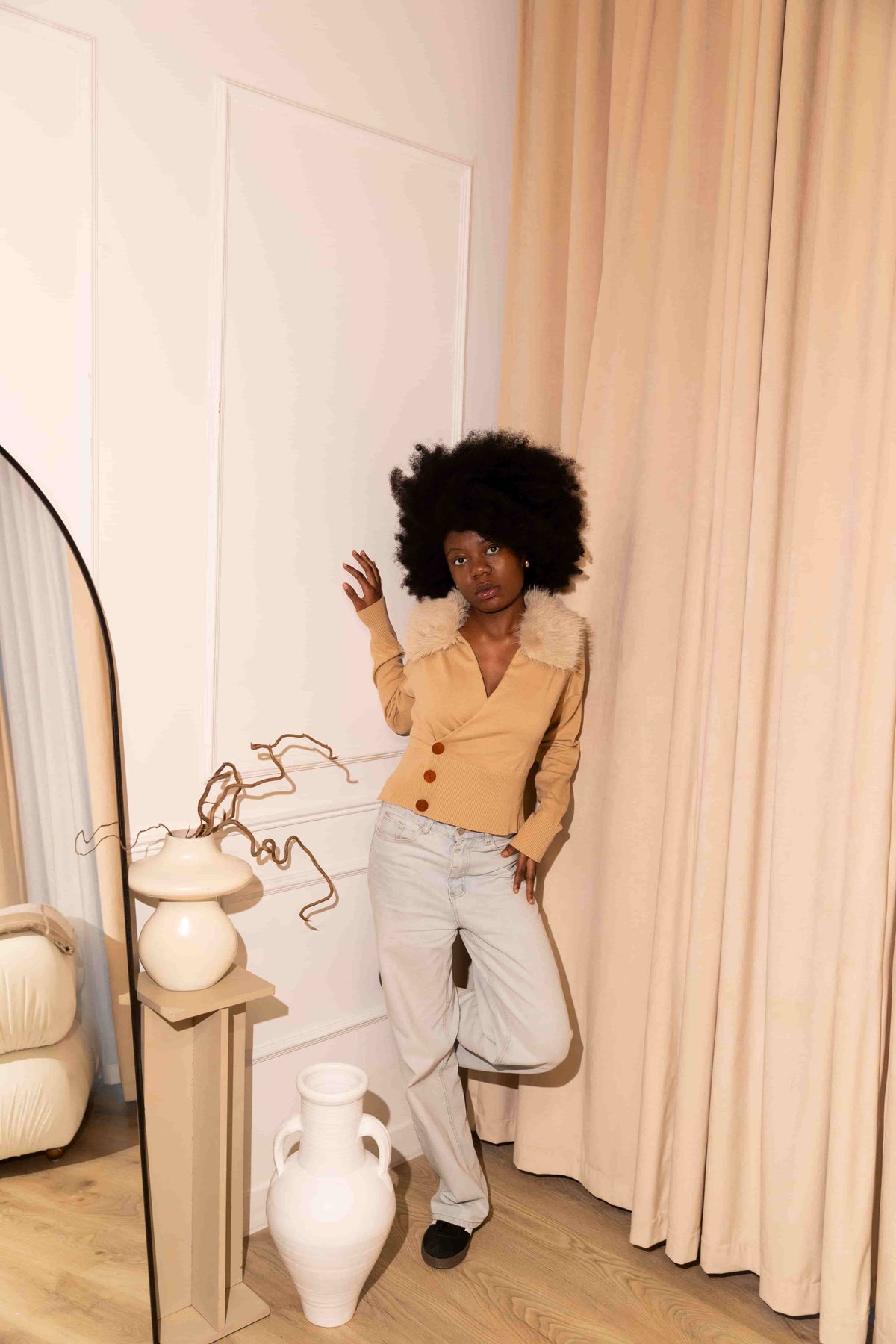 Beige Fur-Collar Sweater